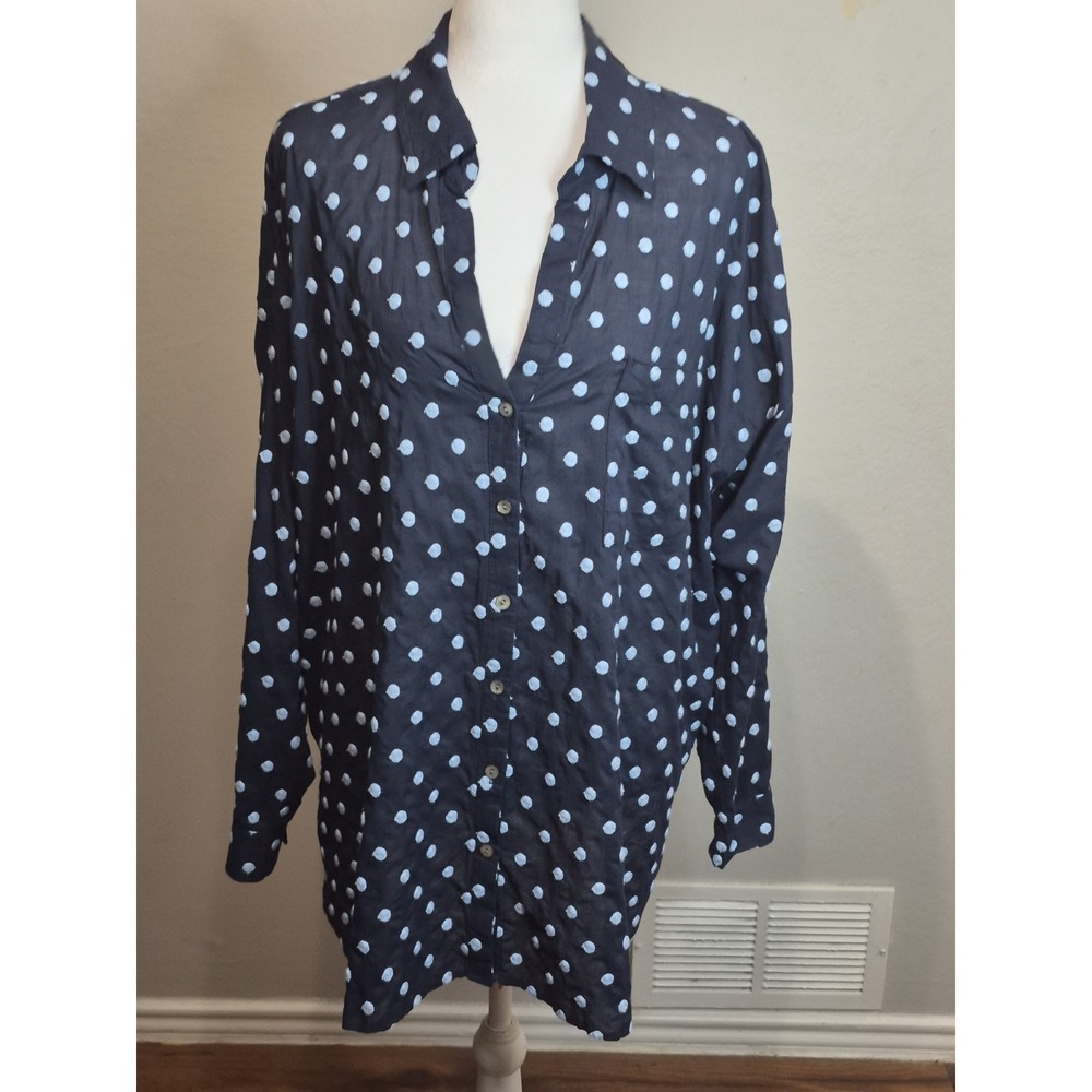 J.Jill Polka Dot Textured Button Front Shirt Top Size XL Blue Relaxed Fit Cotton